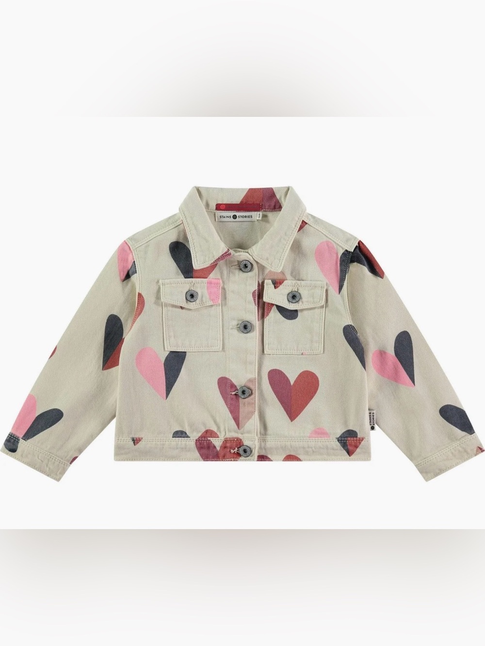 NWT Girls’ Beige Denim Jacket with Pink & Navy Heart Print Sz. 110 (5)
